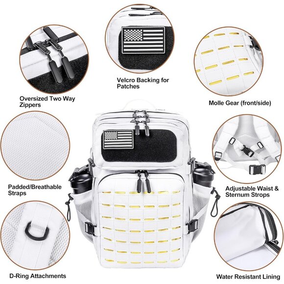 45L Tactical Backpack Molle Bag White and Yellow Water-Resistant Heavy-Duty Nylo - Picture 2 of 6